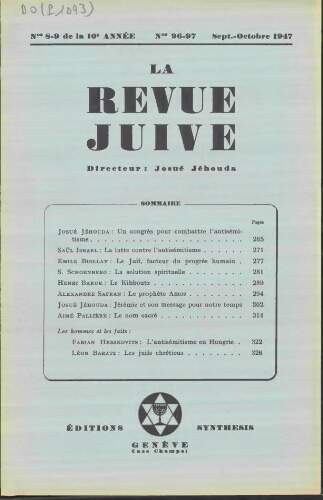 La Revue Juive de Genève. Vol. 10 n° 8-9 fasc. 96-97 (septembre-octobre 1947)